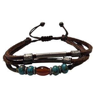 Boho Mixed Bead Leather Adjustable Bracelet Turquoise Beads Unisex Jewelry